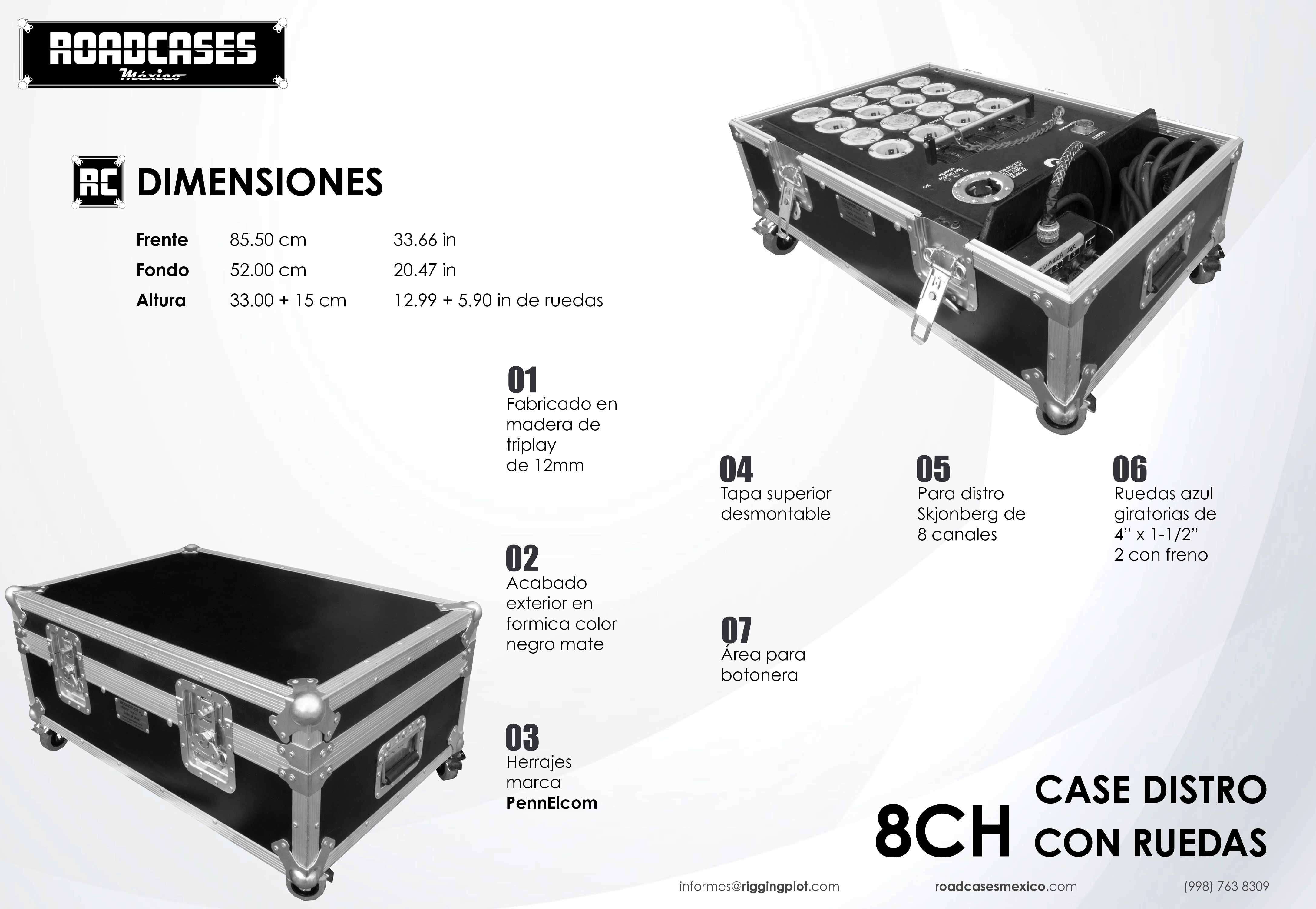 ficha case para distro o controlador de 8 canales Skjonberg con ruedas, para operar 8 motores CM Lodestar roadcasesmexico