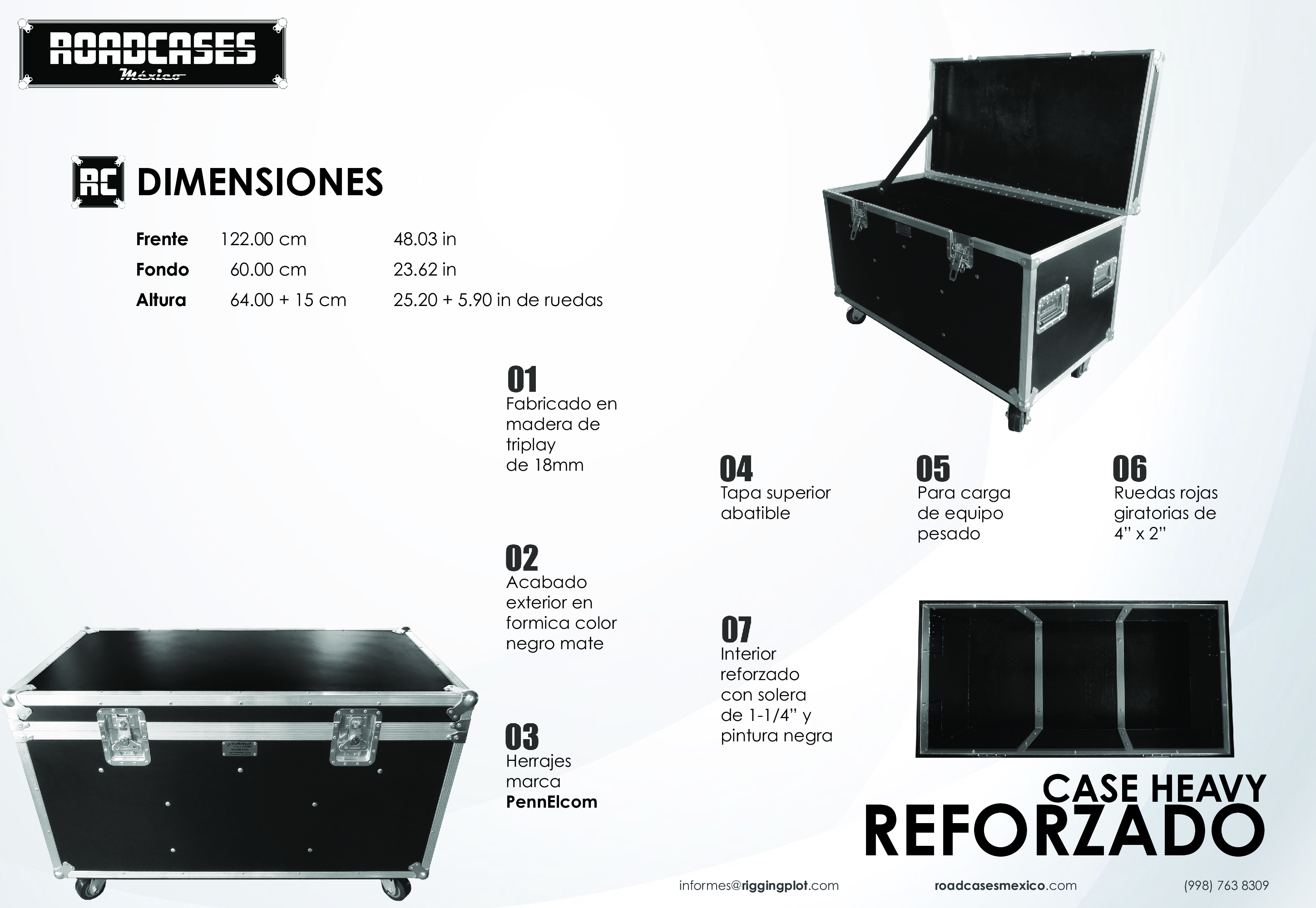 ficha case heavy reforzado con interior de solera de 1 y un cuarto de pulgada para transporte de carga pesada, abierto roadcasesmexico
