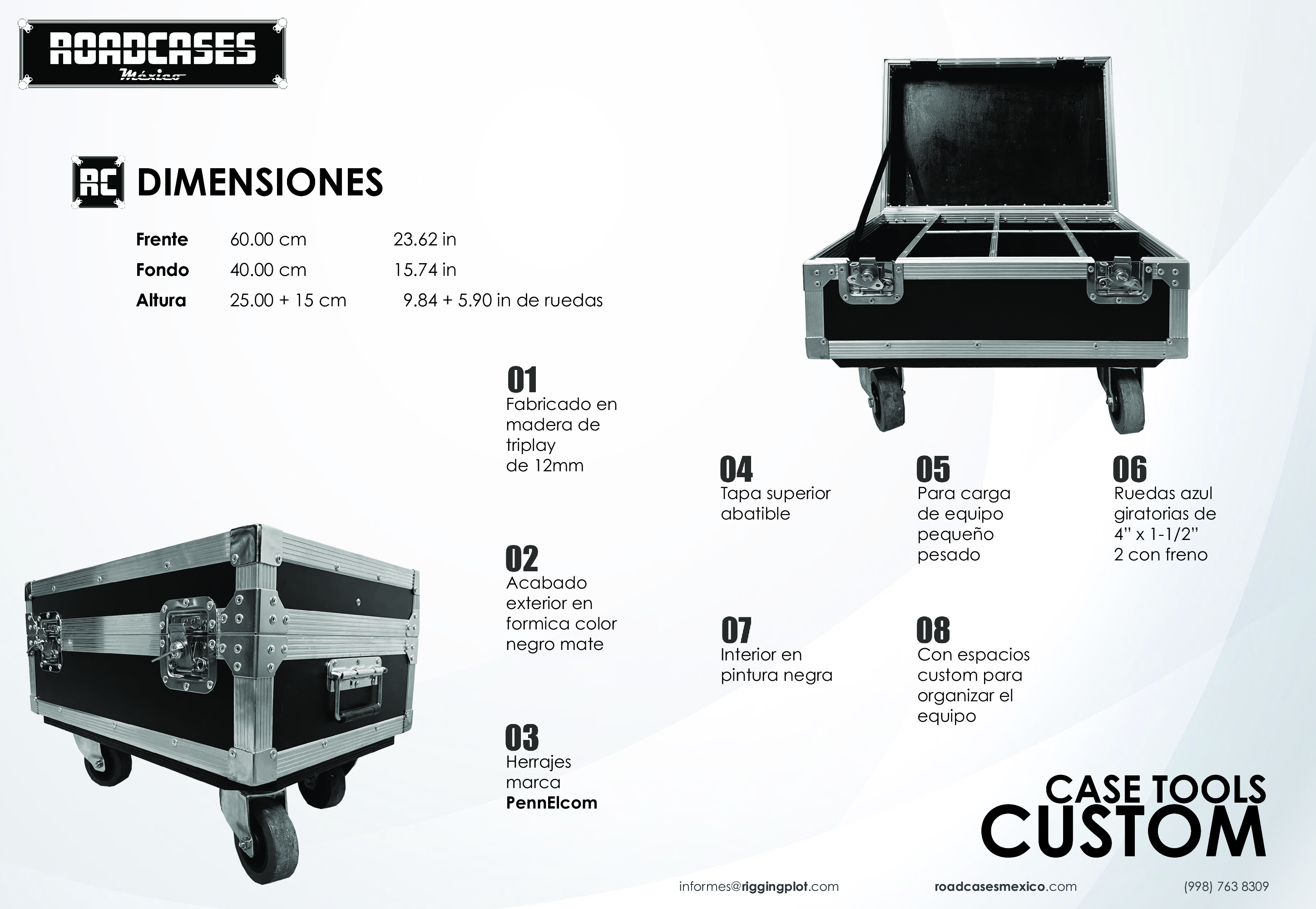 ficha Case Tools Custom para resguardo de tornillos y herramientas, fabricado en triplay de 12 mm con foami a medida y ruedas de uso rudo de 1 x 1-1/2 pulgadas, ideal para transporte seguro y almacenamiento organizado roadcasesmexico