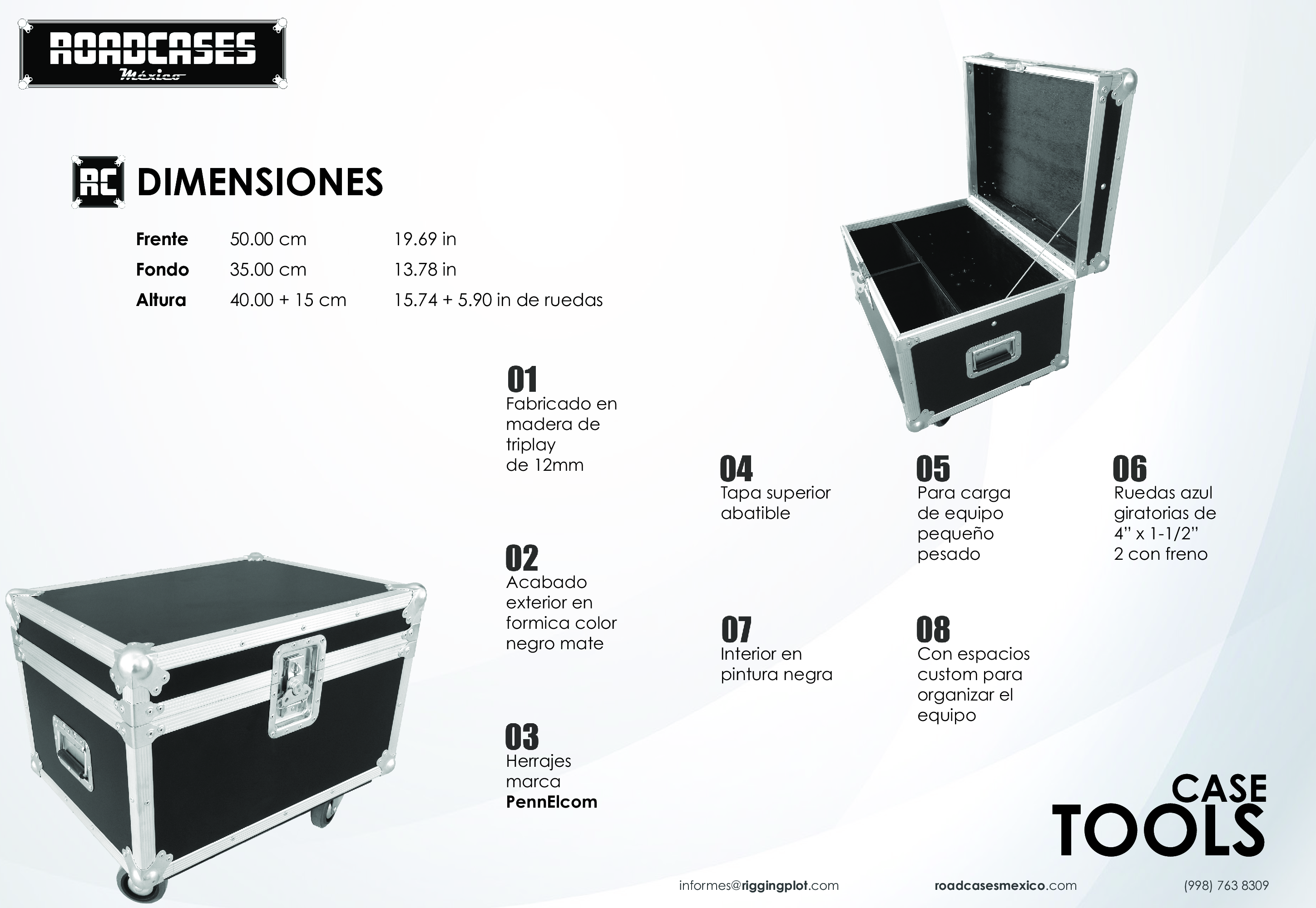 ficha Case Tools para resguardo de tornillos y herramientas, fabricado en triplay de 12 mm con foami a medida y ruedas de uso rudo de 1 x 1-1/2 pulgadas, ideal para transporte seguro y almacenamiento organizado roadcasesmexico