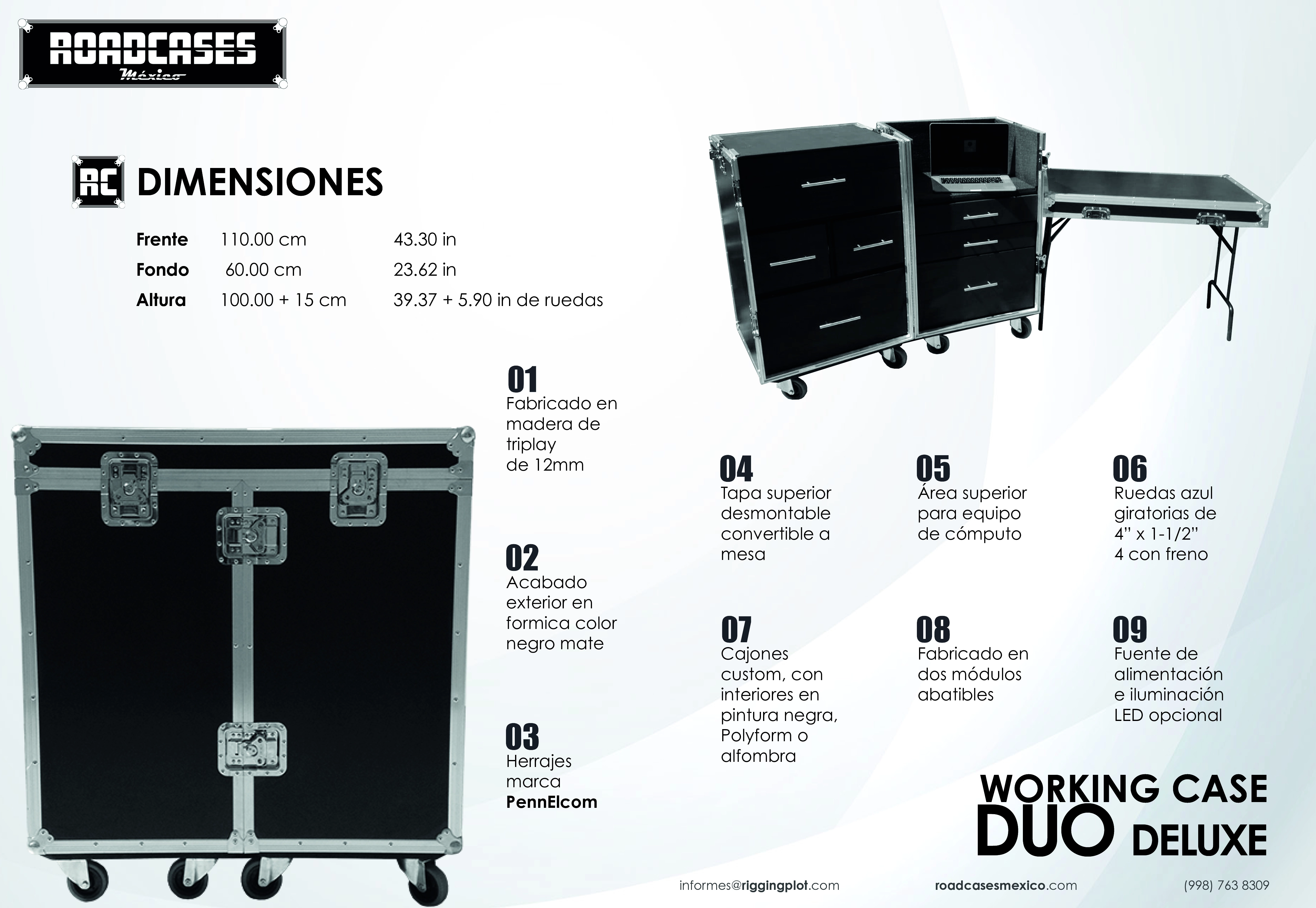 ficha Working Case Duo Deluxe con 2 módulos abatibles, 7 cajones, tapa superior desmontable que se convierte en mesa, área superior para impresora o computadora, fabricado en triplay de 12 mm con iluminación LED y entrada de corriente con supresor de picos. roadcasesmexico