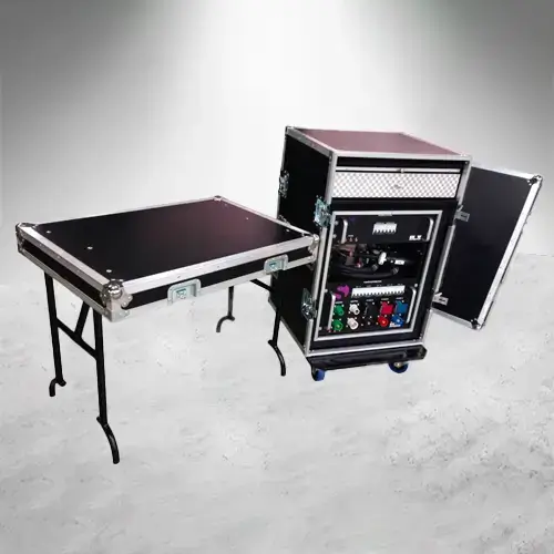 Case in Case Rack para centro de carga y case rack, con cajón superior, tapa superior y frontal desmontables, una que se convierte a mesa, abierto