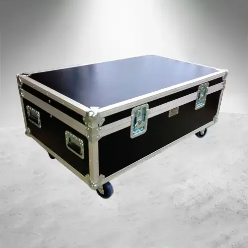 Case para winch con capacidad para 12 piezas y espacio central para cables, fabricado en triplay de 12 mm con ruedas azules de uso rudo cerrado