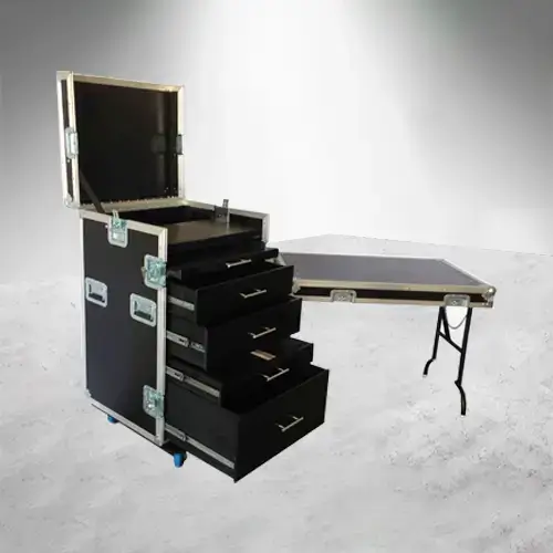 Working Case 1 Módulo Deluxe fabricado en triplay de 12 mm con cajones, tapa frontal que se convierte en mesa, tapa superior abatible con espacio para impresora, ruedas de uso rudo, iluminación LED opcional y fuente de alimentación con supresor de picos abierto