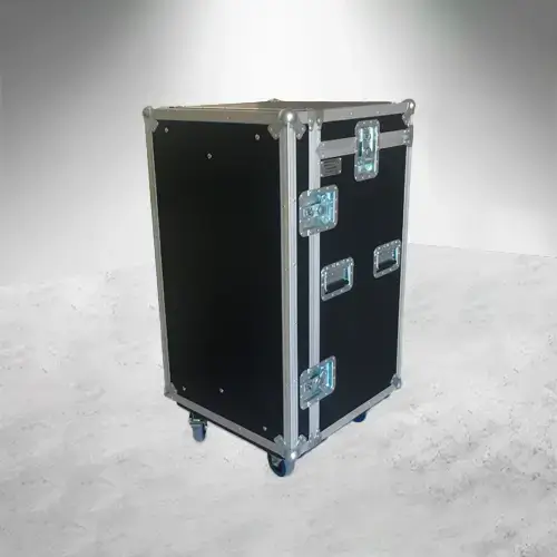 Working Case 1 Módulo Deluxe fabricado en triplay de 12 mm con cajones, tapa frontal que se convierte en mesa, tapa superior abatible con espacio para impresora, ruedas de uso rudo, iluminación LED opcional y fuente de alimentación con supresor de picos cerrado