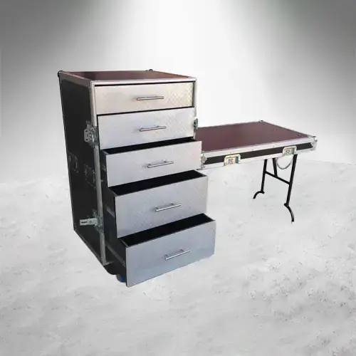 Venta de Working Case 1 Módulo Tapa Frontal Mesa en Roadcases México. Case profesional con 5 cajones, tapa frontal que se convierte en mesa, ruedas de uso rudo y opción de iluminación LED abierto