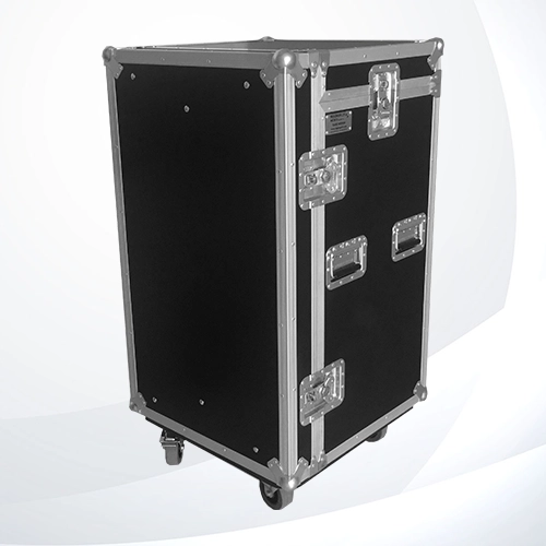 Working Case Deluxe fabricado en triplay de 12 mm con cajones, tapa frontal que se convierte en mesa, tapa superior abatible con espacio para impresora, ruedas de uso rudo, iluminación LED opcional y fuente de alimentación con supresor de picos cerrado