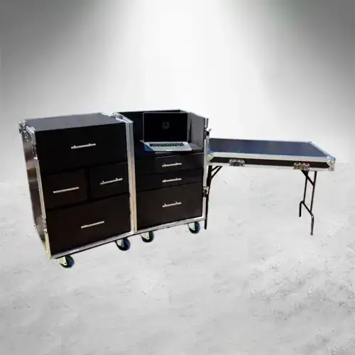 Working Case Duo Deluxe con 2 módulos abatibles, 7 cajones, tapa superior desmontable que se convierte en mesa, área superior para impresora o computadora, fabricado en triplay de 12 mm con iluminación LED y entrada de corriente con supresor de picos abierto