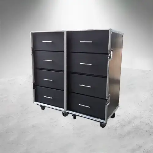 Working Case Duo con 2 módulos unidos por bisagra, 8 cajones totales, fabricado en triplay de 12 mm con acabado negro mate, herrajes de uso rudo abierto