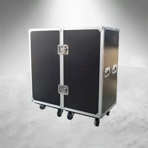 Working Case Duo con 2 módulos unidos por bisagra, 8 cajones totales, fabricado en triplay de 12 mm con acabado negro mate, herrajes de uso rudo cerrado