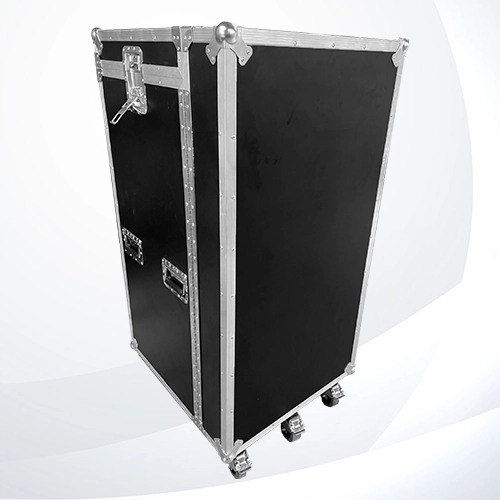 Working Case Premium fabricado en triplay de 12 mm con cajones, tapa superior abatible, tapa abatible con espacio para accesorios y puerta interior tipo escotilla, ruedas de uso rudo, iluminación LED opcional y fuente de alimentación con supresor de picos cerrado